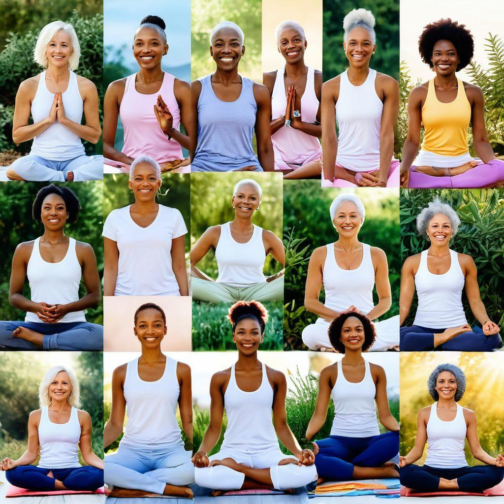 A collage of diverse cancer survivors, each showing joy and resilience, sharing their stories in an uplifting outdoor setting. Surround them with symbols of holistic wellness like plants, essential oils, and yoga mats, intertwined with soft light bursts representing hope and healing. Include warm color tones to evoke a sense of comfort and empowerment. watercolor style. vibrant colors. serene background.