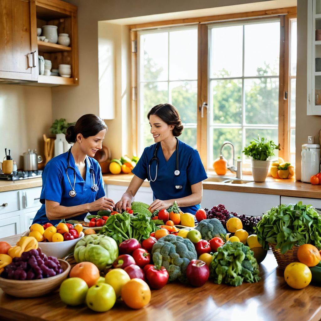A vibrant and inviting kitchen scene showcasing fresh fruits and vegetables neatly arranged on a wooden table. In the background, a wise and compassionate doctor discussing nutrition with a cancer survivor, exchanging knowledge and healthy recipes. Soft sunlight streaming through the window enhances the warmth of the environment, symbolizing hope and healing. This image embodies the essence of lifestyle changes in cancer prevention. super-realistic. vibrant colors. warm lighting.