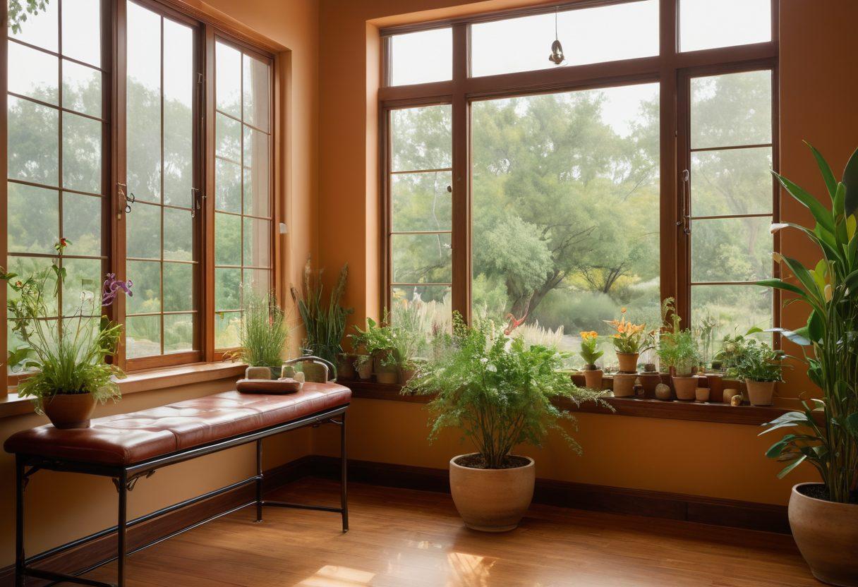 A serene clinic environment where a traditional physician and a holistic healer collaborate, surrounded by symbols of both medicine (such as stethoscopes, herbs, and acupuncture needles) and nature (like plants and calming water features). The blend of warm, inviting colors symbolizes harmony, healing, and balance. Soft light filters through large windows, creating a peaceful atmosphere. super-realistic. vibrant colors. balanced composition.
